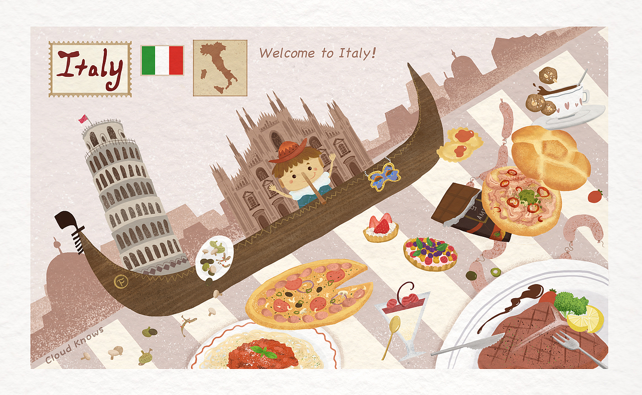 原创各国美食系列：意大利，法国和泰国（未完待续）（图ZMTM0NDY3MTYw） - 儿童插画 - 站酷设计师云晓CloudKnows原创素材 - 站酷ZCOOL
