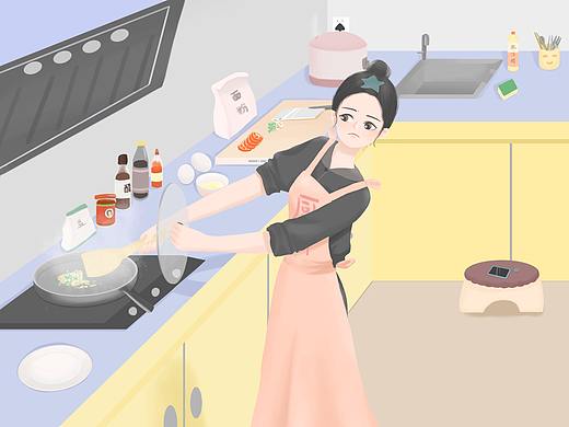厨房小白做饭生活插画