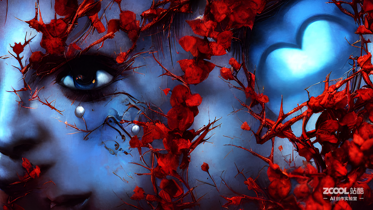 #AI创作实验室#心脏,荆棘,特写,蓝色的,插画