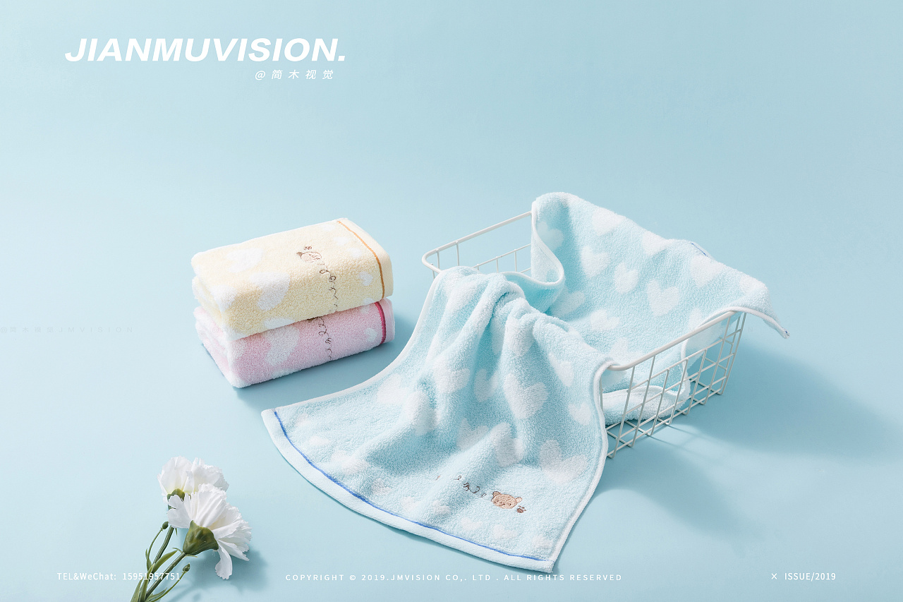 卡通毛巾浴巾静物平铺拍摄 儿童毛巾场景电商产品摄影