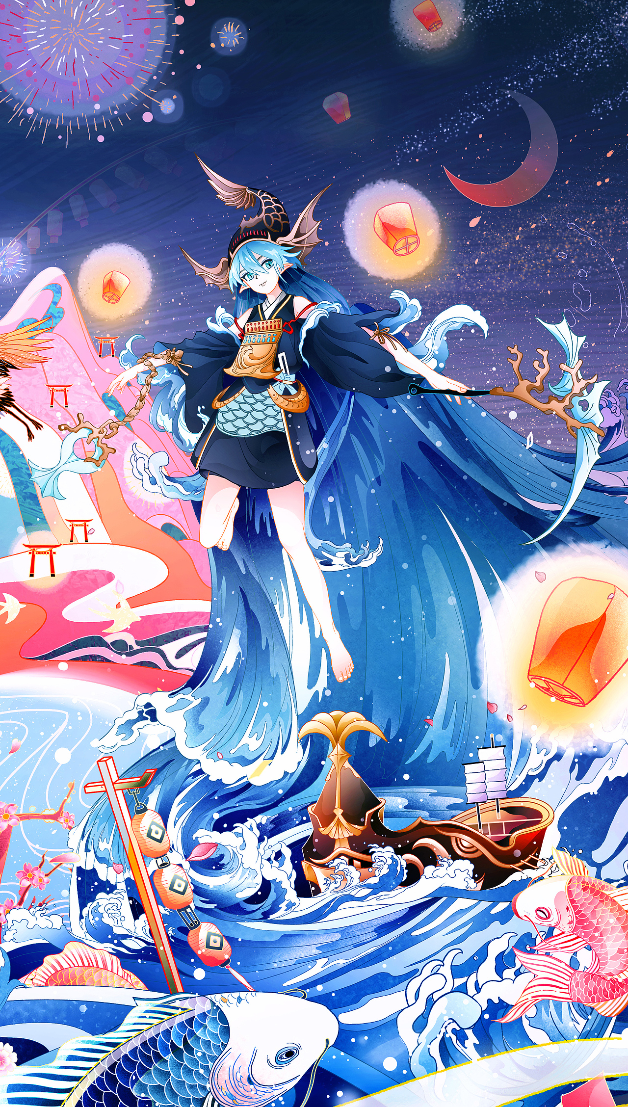 网易阴阳师 - #灯夜游春# 阴阳师春节插画