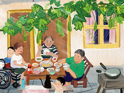 丝瓜藤下的午餐