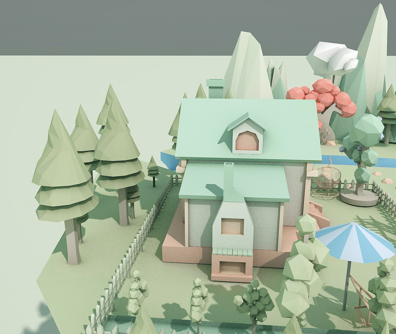 小镇c4d练习作业,lowpoly风格