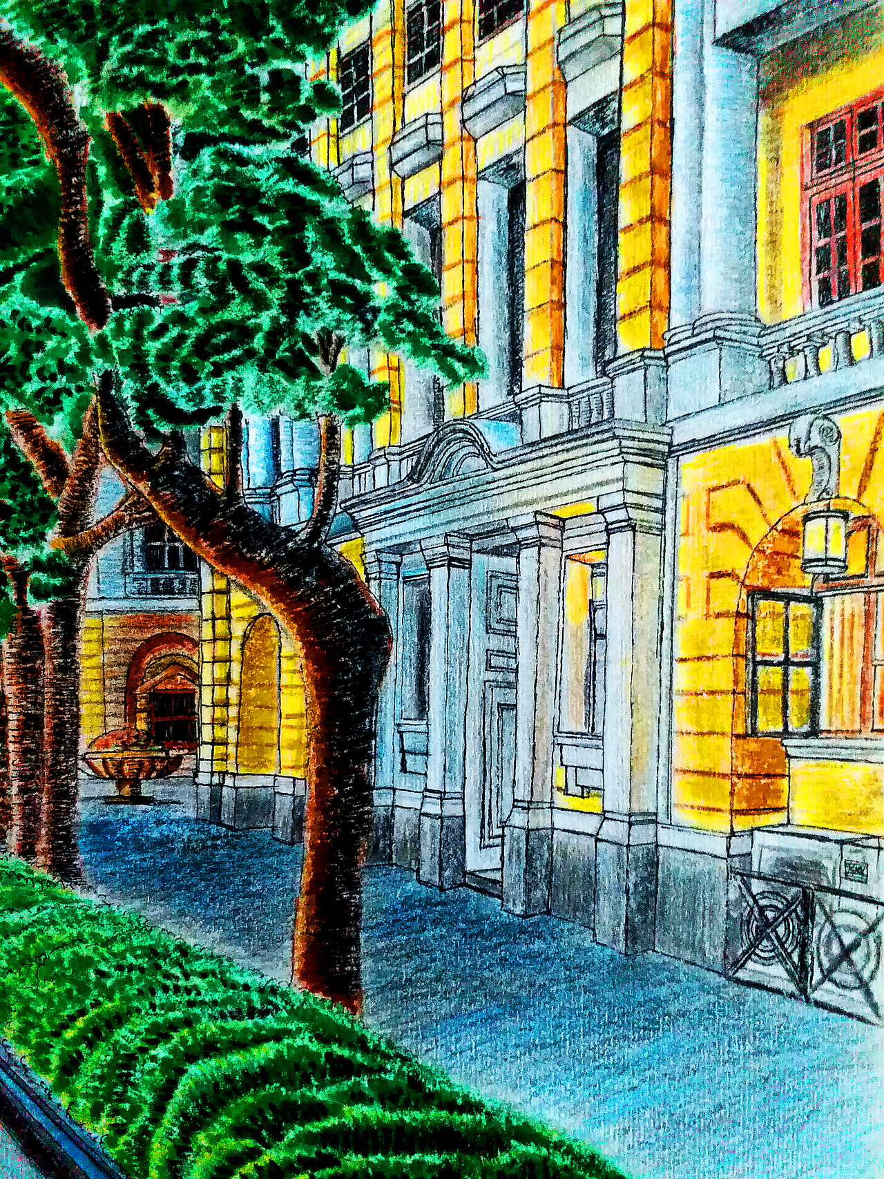 画里的欧式建筑,用彩铅和水彩笔上色(近景中的树也一样)