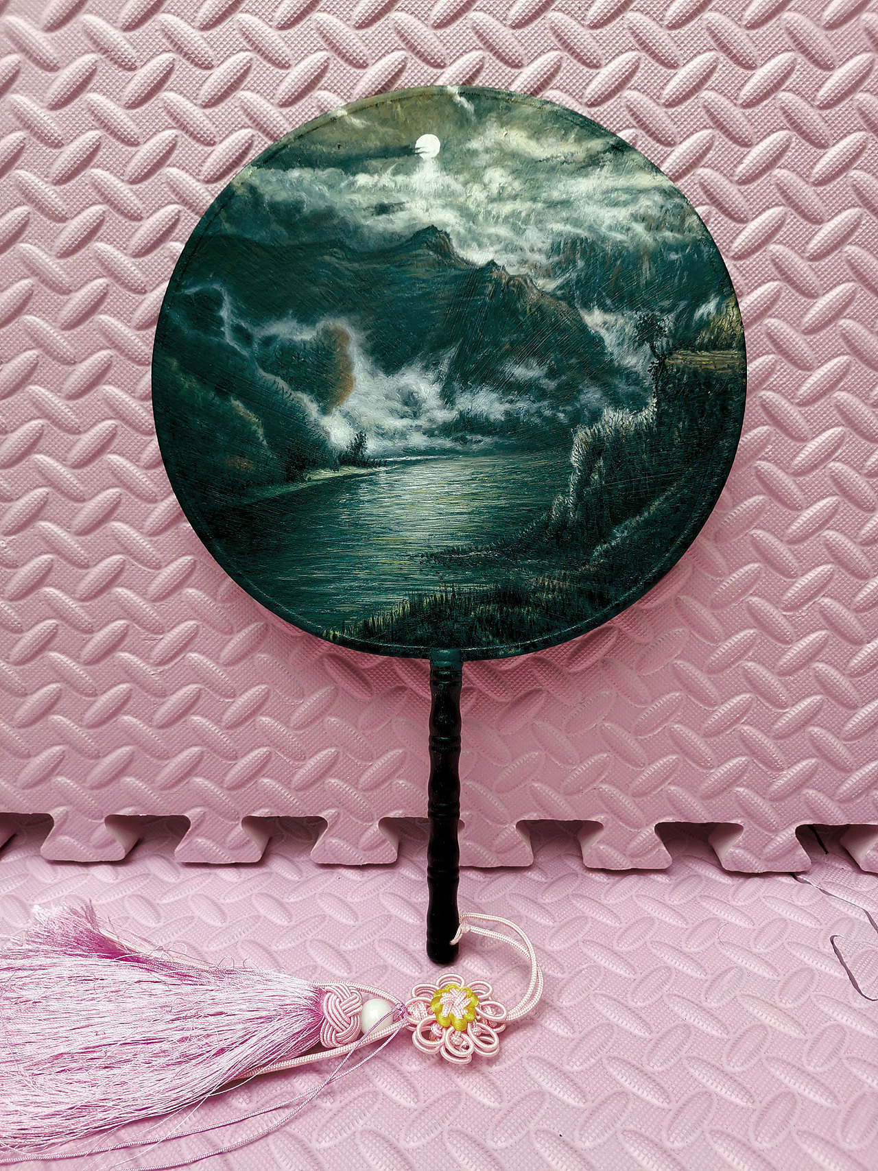 我的团扇风景油画作品《月夜》