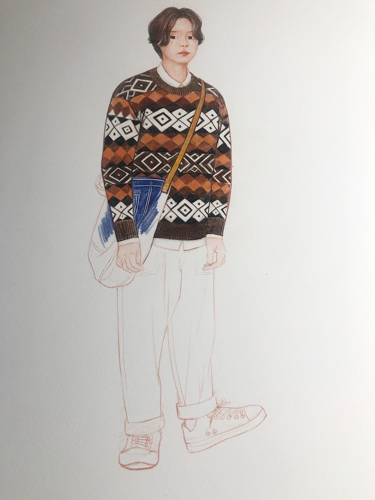 彩铅小画一幅《穿花毛衣的男孩》