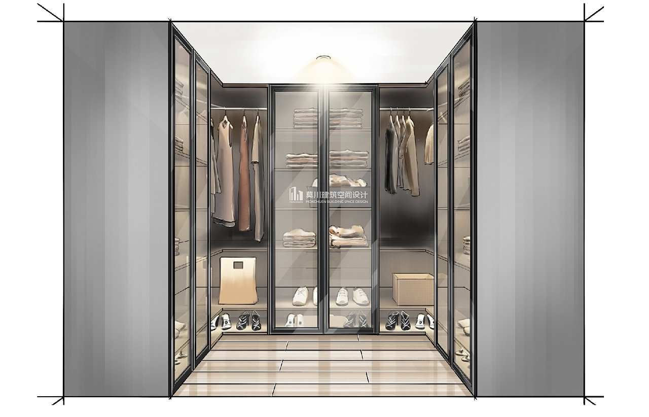 u字型衣帽间柜门采用黑钢条搭配玻璃推拉门的设计,同时结合衣帽间的黑