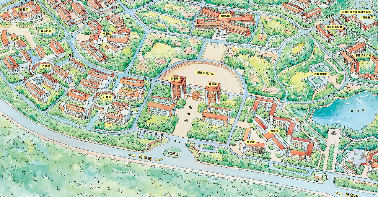 鹿瑶文创水彩云南民族大学校园手绘地图