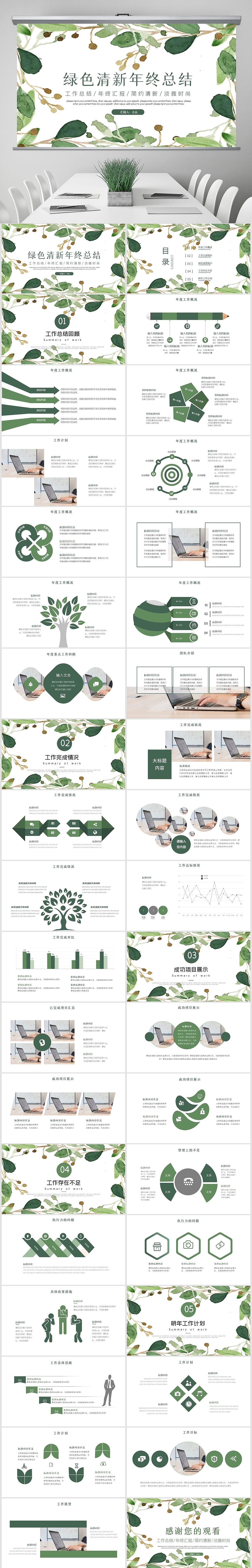 绿色环保小清新年终工作总结汇报计划ppt模板