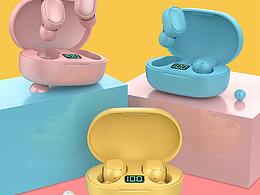 彩色TWS蓝牙耳机天猫详情页设计场景图3D渲染效果图