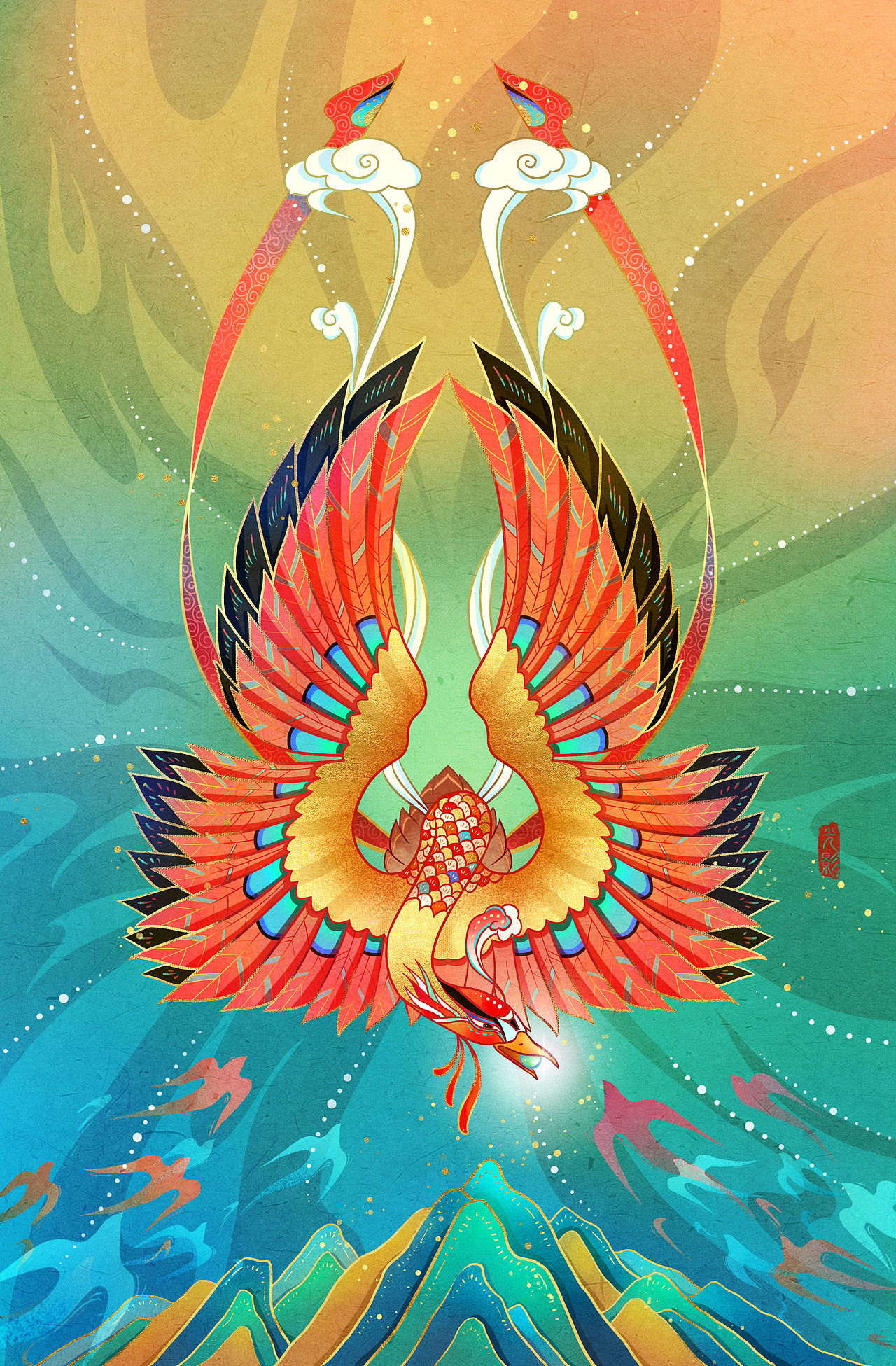 3原创作品插画创作习作国潮凤凰朱雀古风一起看红叶214光影摇曳黄叶落