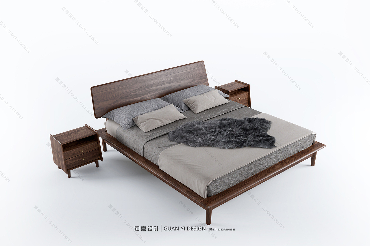 現(xiàn)代黑胡桃實(shí)木床+床頭柜表現(xiàn)（圖ZMTg0ODE2ODA4） - 生活用品 - 站酷設(shè)計(jì)師觀意設(shè)計(jì)原創(chuàng)素材 - 站酷ZCOOL