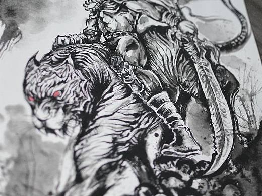 水墨插画泼墨中国风手稿:虎骑刀客