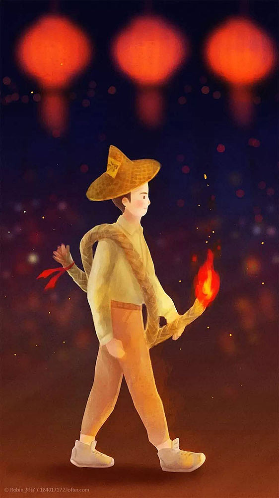 画了一组有关家乡潮汕式的爱情:一个要去参加游神会的闹火灯,一个要