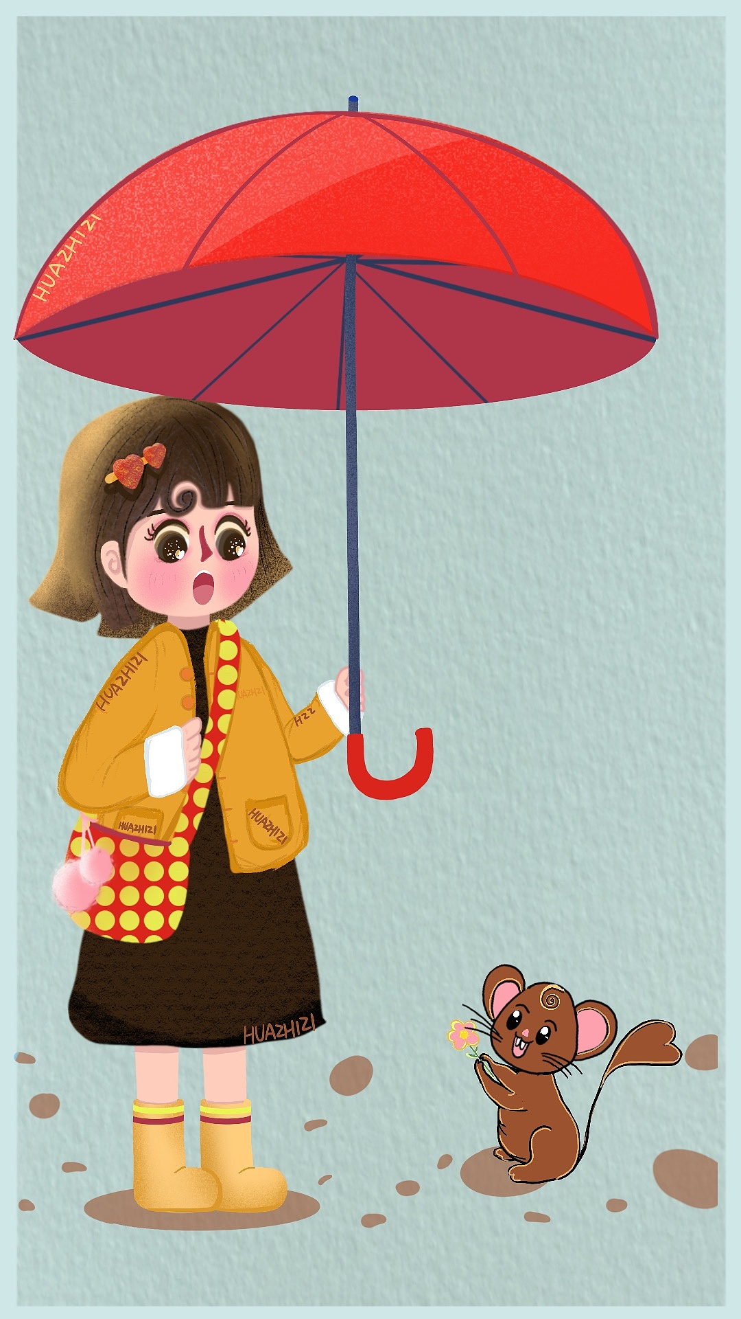 花栀子原创插画雨天打伞的女生