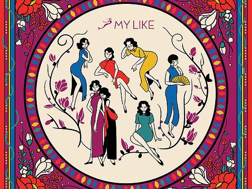 旗袍美女图样丝巾