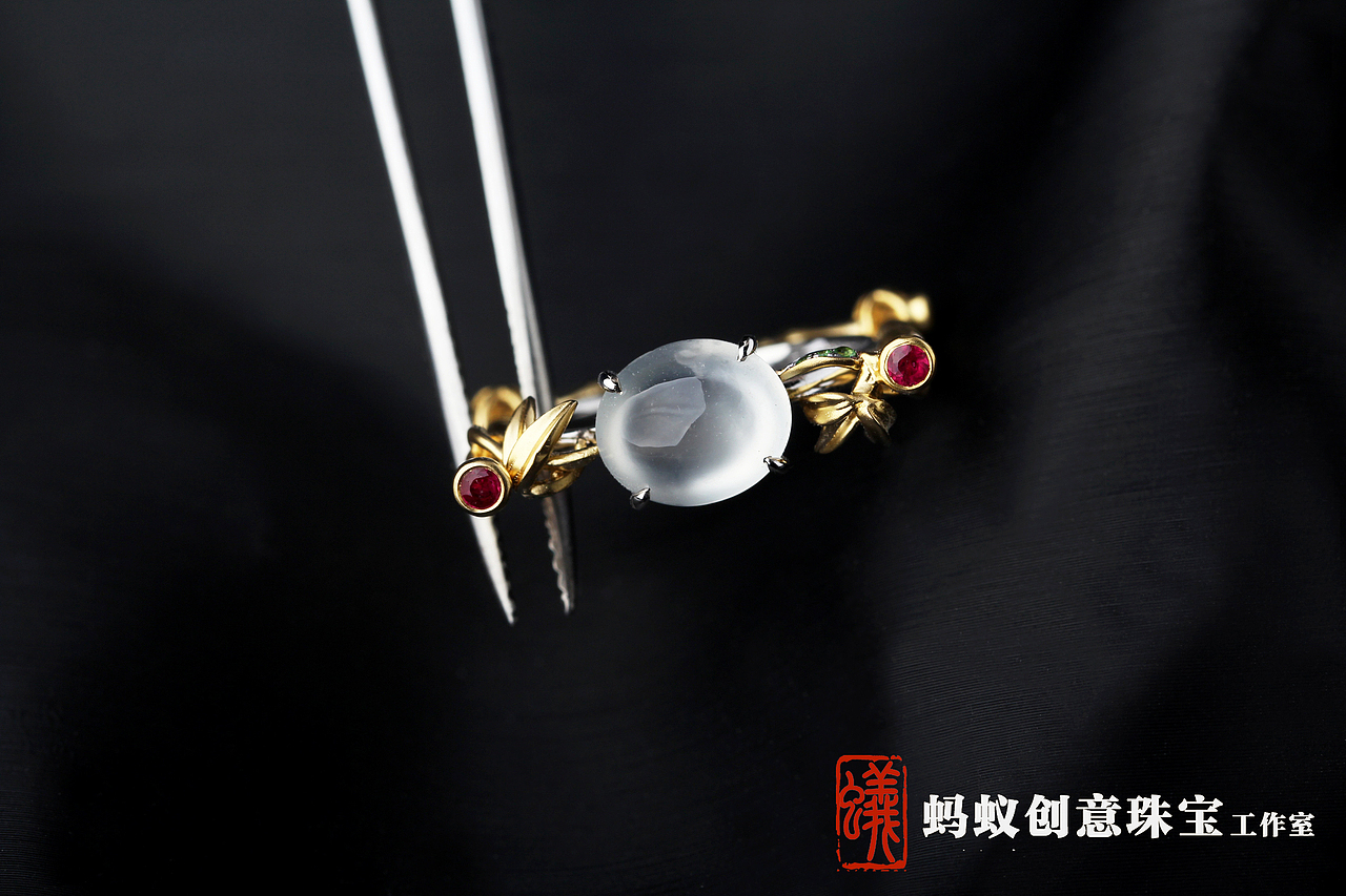 【蚂蚁创意珠宝工作室】竹子翡翠蛋面戒指