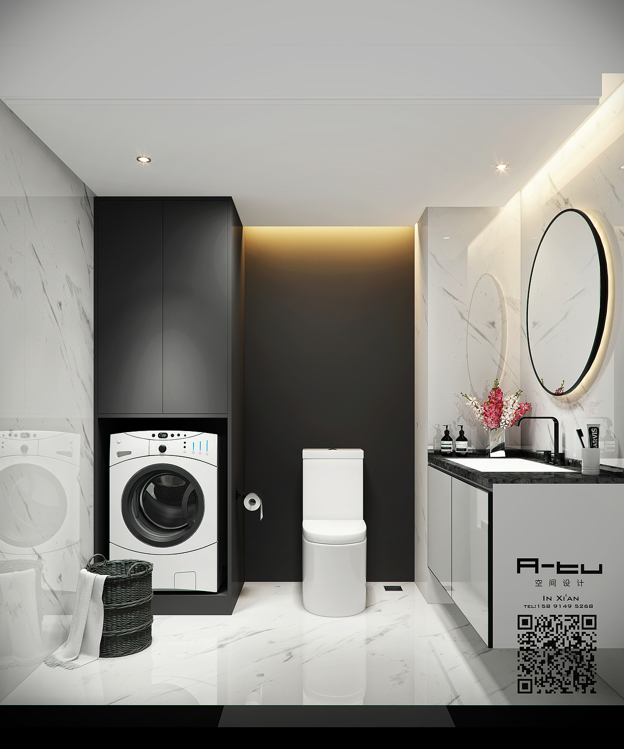 二楼主卫，由于经费跟面积的原因，二楼没有淋浴功能。  刚好可以挤出一个洗衣机的位置，主卫兼做洗衣房。