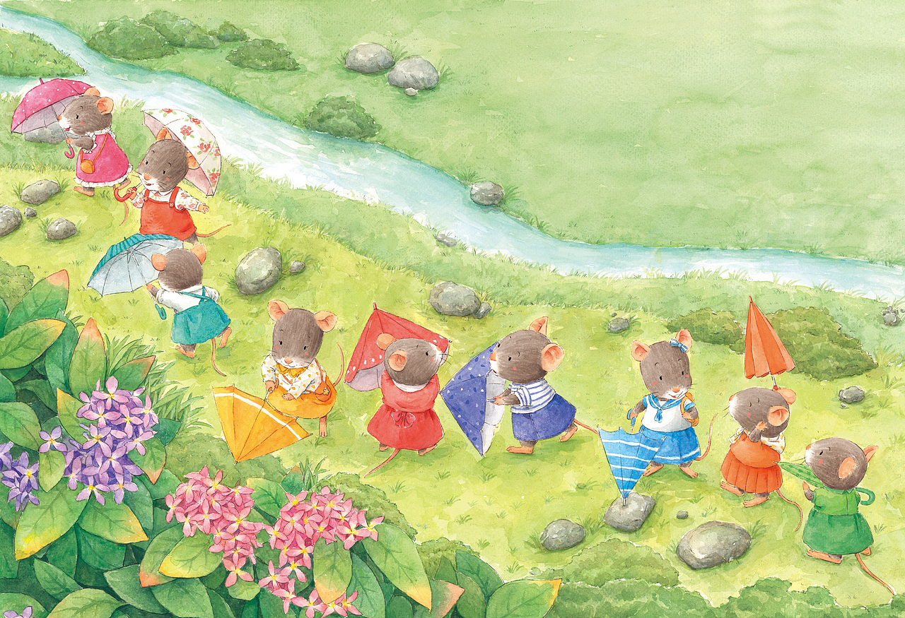 手绘儿童绘本《花伞里的小小鼠》
