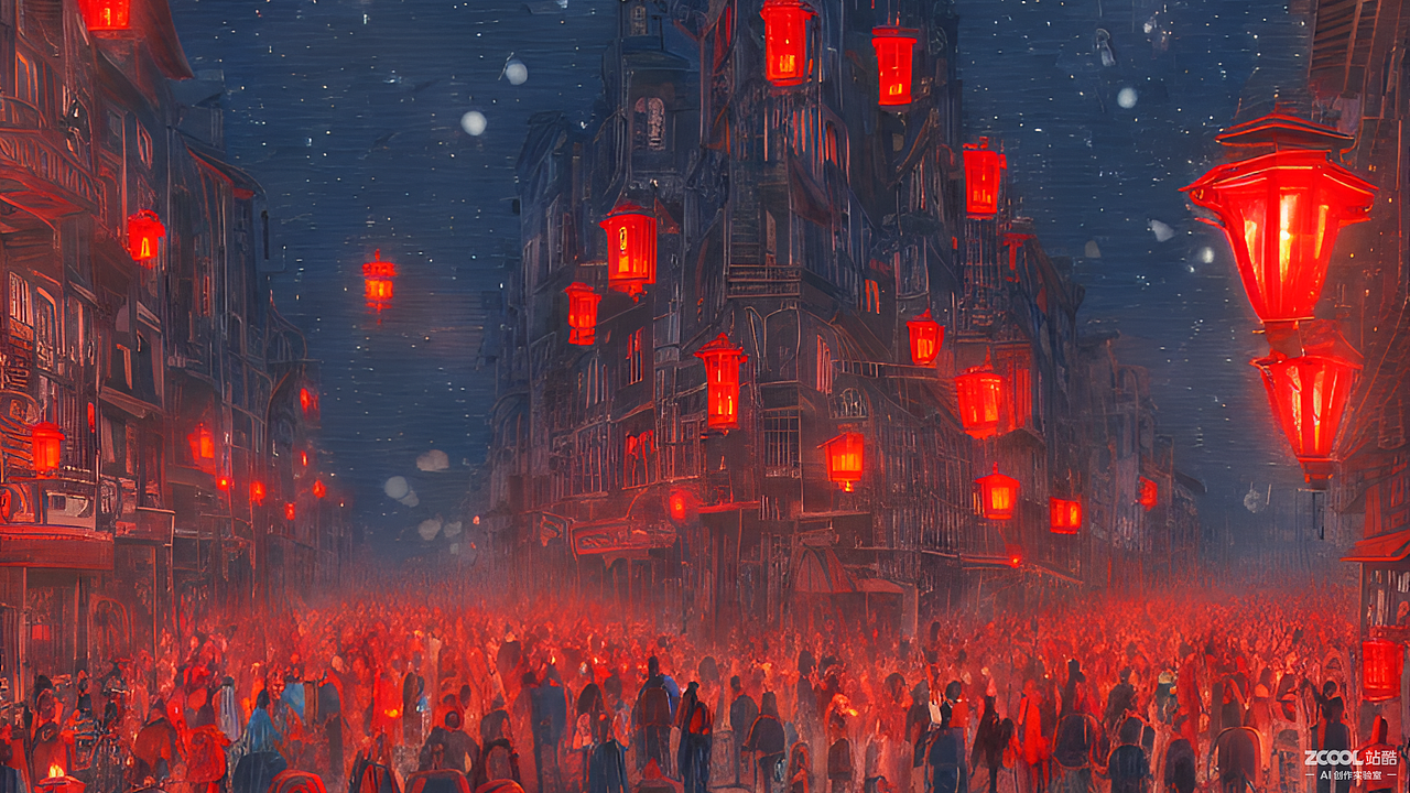 #AI创作实验室#街景,古代,夜晚,红灯笼,人群,热闹