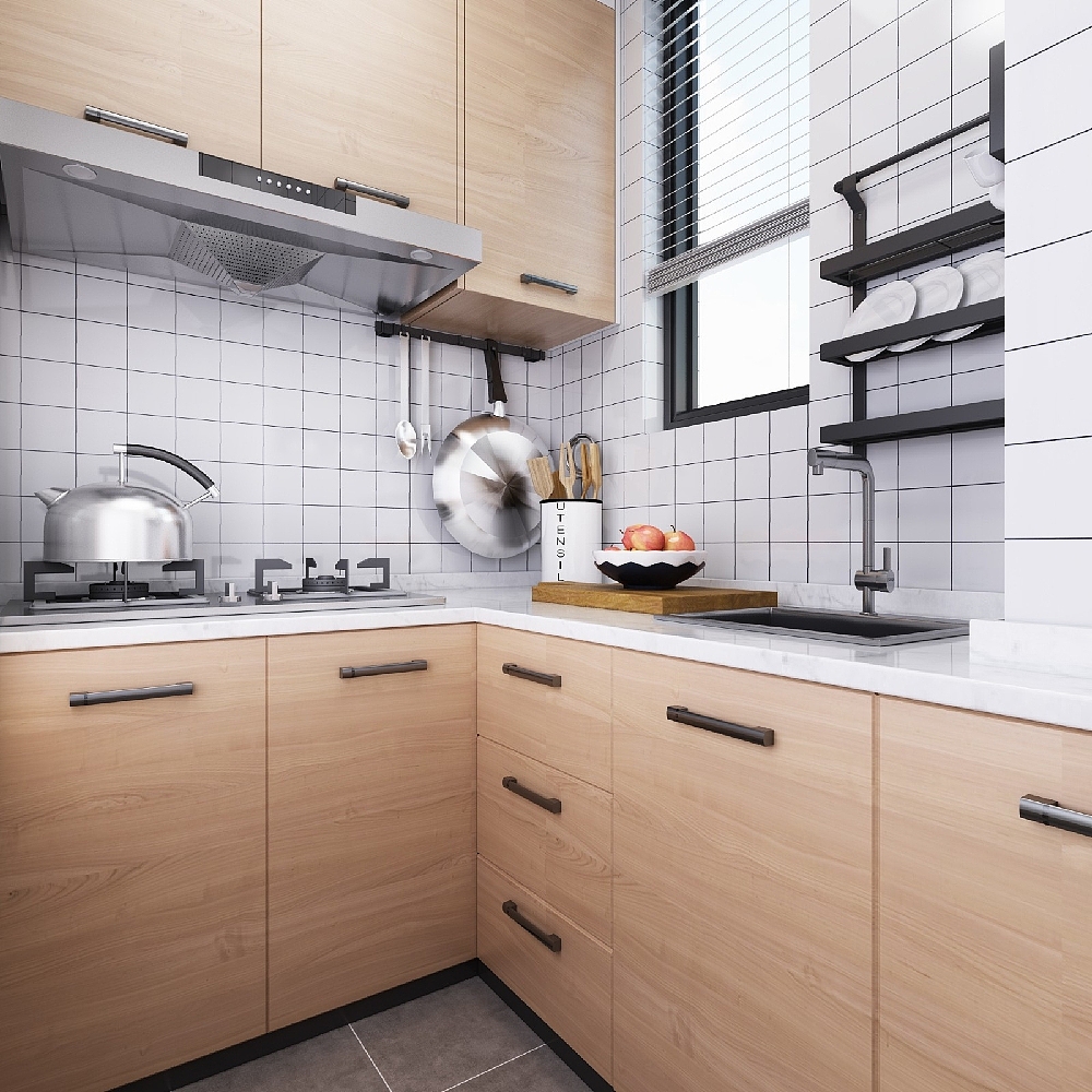 厨房真的是超小的,不过配上原木色的橱柜看起来很温馨又很时尚加上白色的小格子砖还是很显大空间的