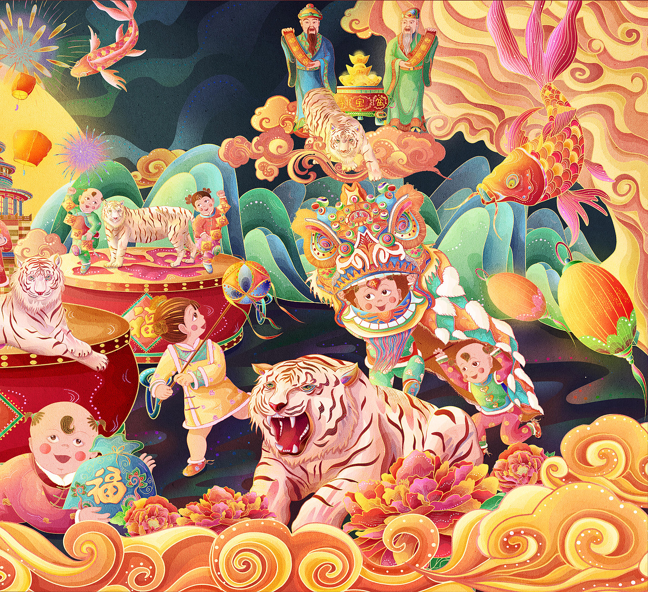 国潮插画~2022虎年福娃新春贺图长卷（图ZMjg1MTU0ODQ4） - 商业插画 - 站酷设计师心萱蓝空气原创素材 - 站酷ZCOOL