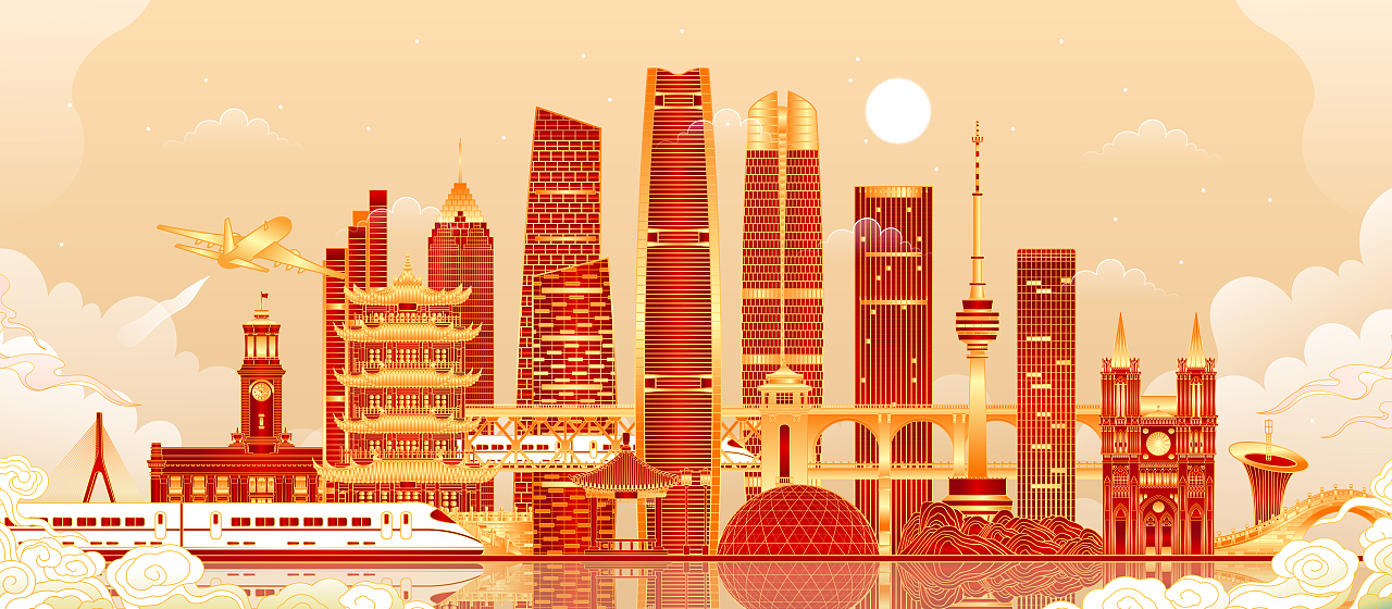 湖北武汉山东济南北京城市地标建筑矢量插画