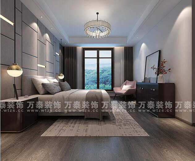 卧室由于面积较大，放置最基本的床及床头柜外，还要购置电视柜或者床尾榻等家具，让空间更温馨饱满，由于是卧室，空旷是空间的禁忌……