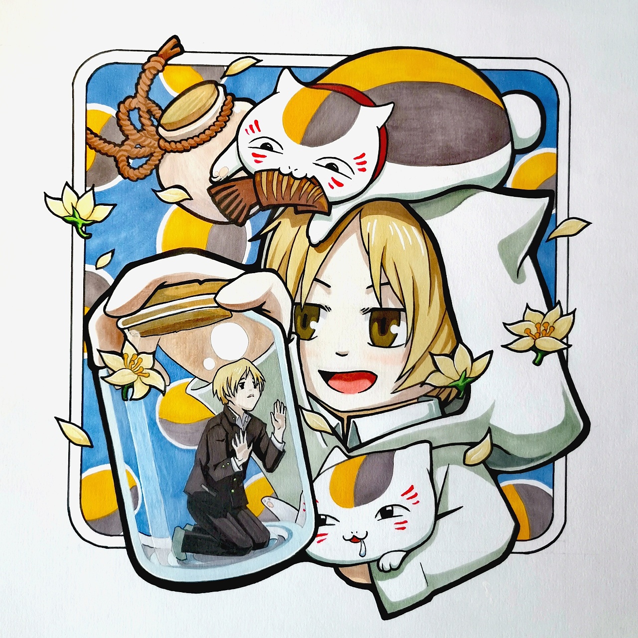 手绘插画画个夏目和猫咪老师