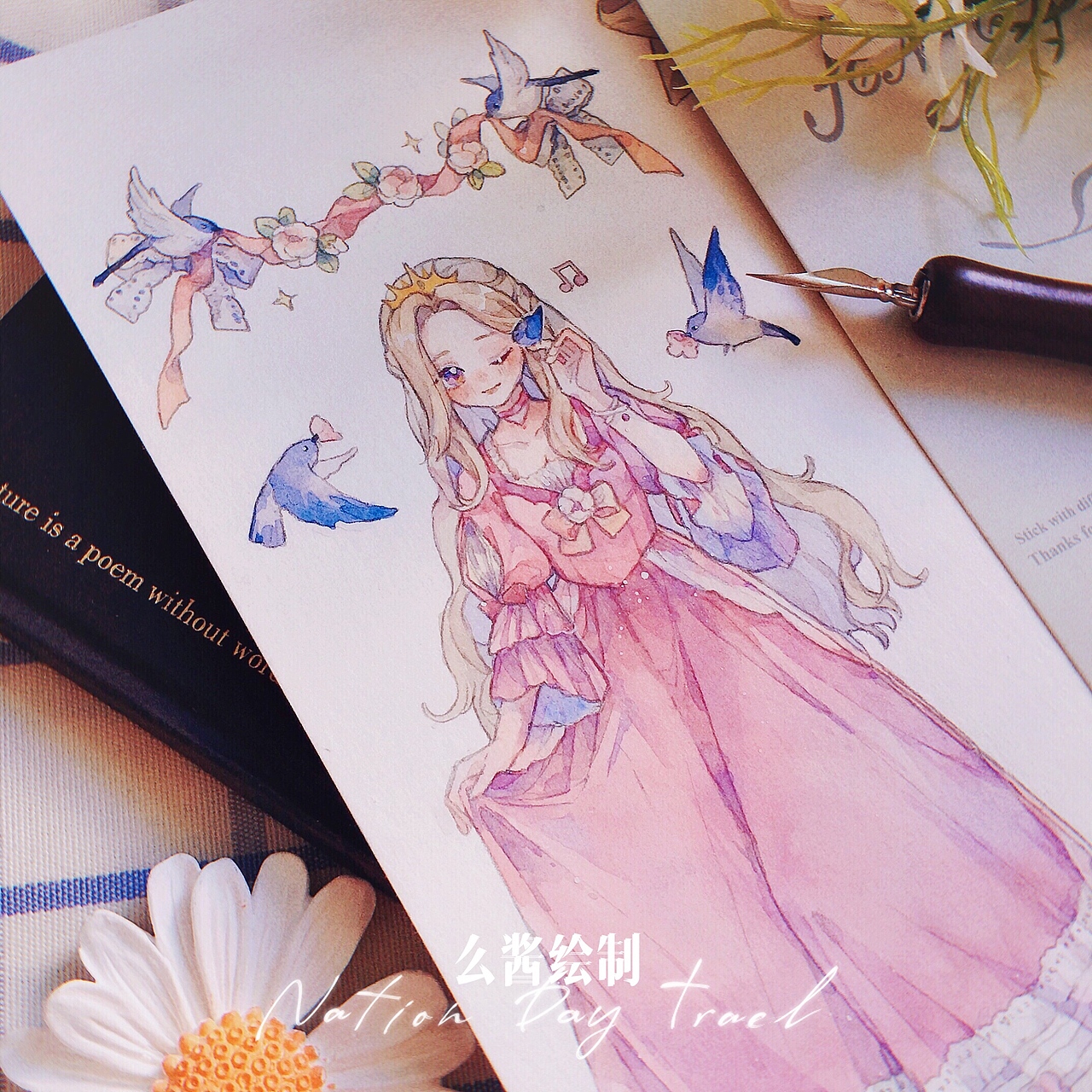 原创作品插画商业插画少女手帐包装水彩绘画手绘原创小清新纸胶带