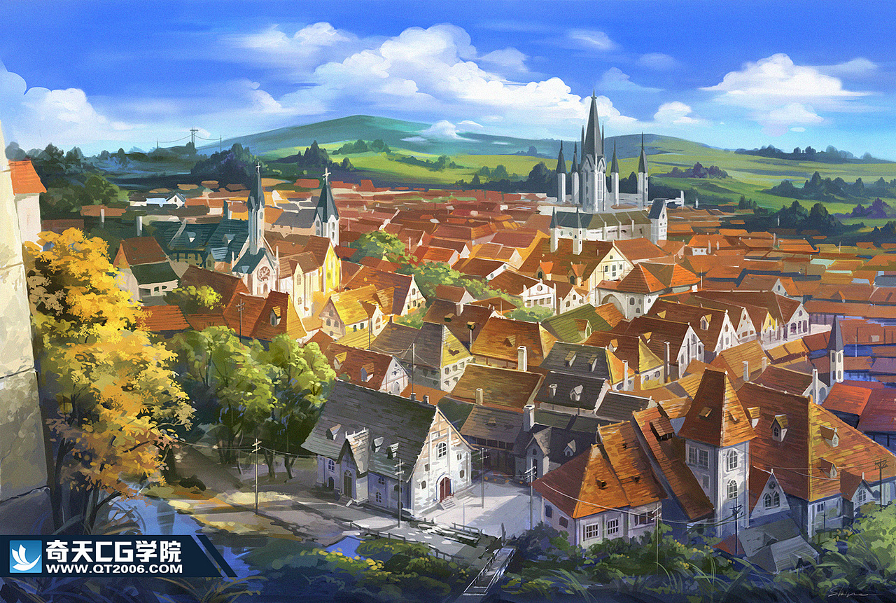 游戏场景原画欧洲小镇