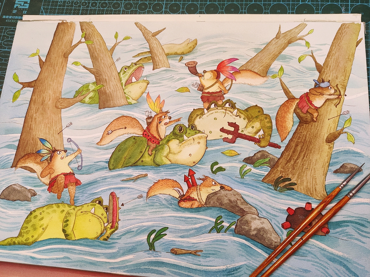 战斗松鼠水彩插画