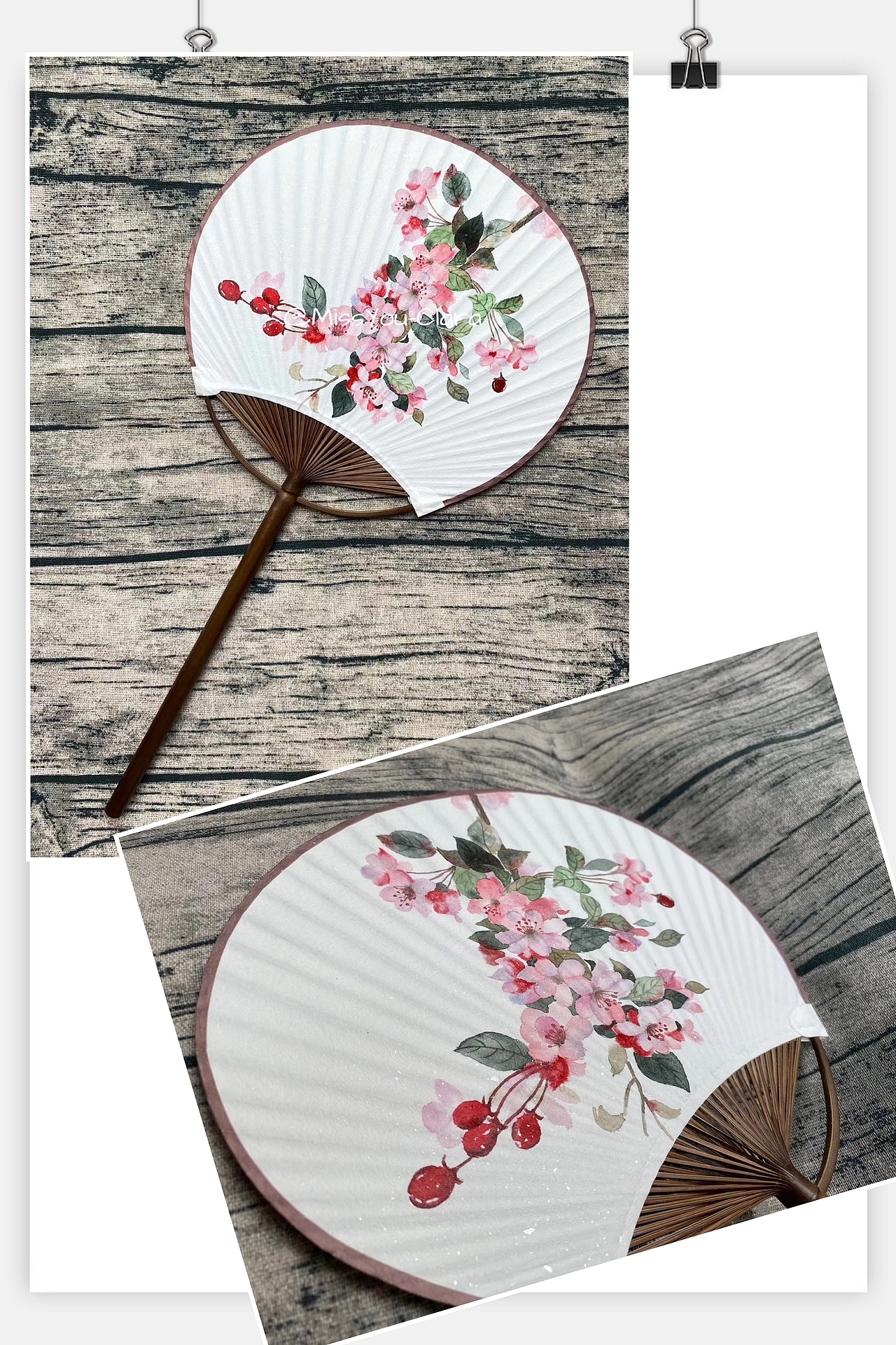 海棠花(熟宣团扇)  br>侧看扇面自带莹白散粉效果,我被惊到了,这种纸