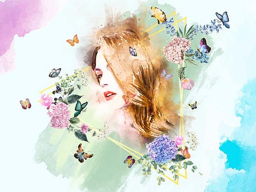 花园中被蝴蝶环绕的水彩风格妩媚金发女郎（个人主页-ZNTAwODEzMDg=） - 创作习作 - 站酷设计师聆东先生原创素材 - 站酷ZCOOL