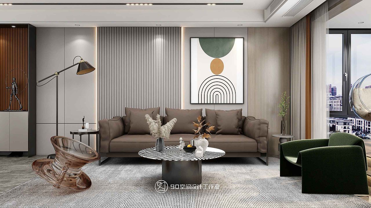 客厅整体以棕咖色系为主，沙发墙加入细线格栅与原木拼接
偏窗位置再布置一幅大框几何画饰，墨绿清新的点缀<br>也为呼应茶几一侧搭配的绿色单人椅，以此提升室内舒适度