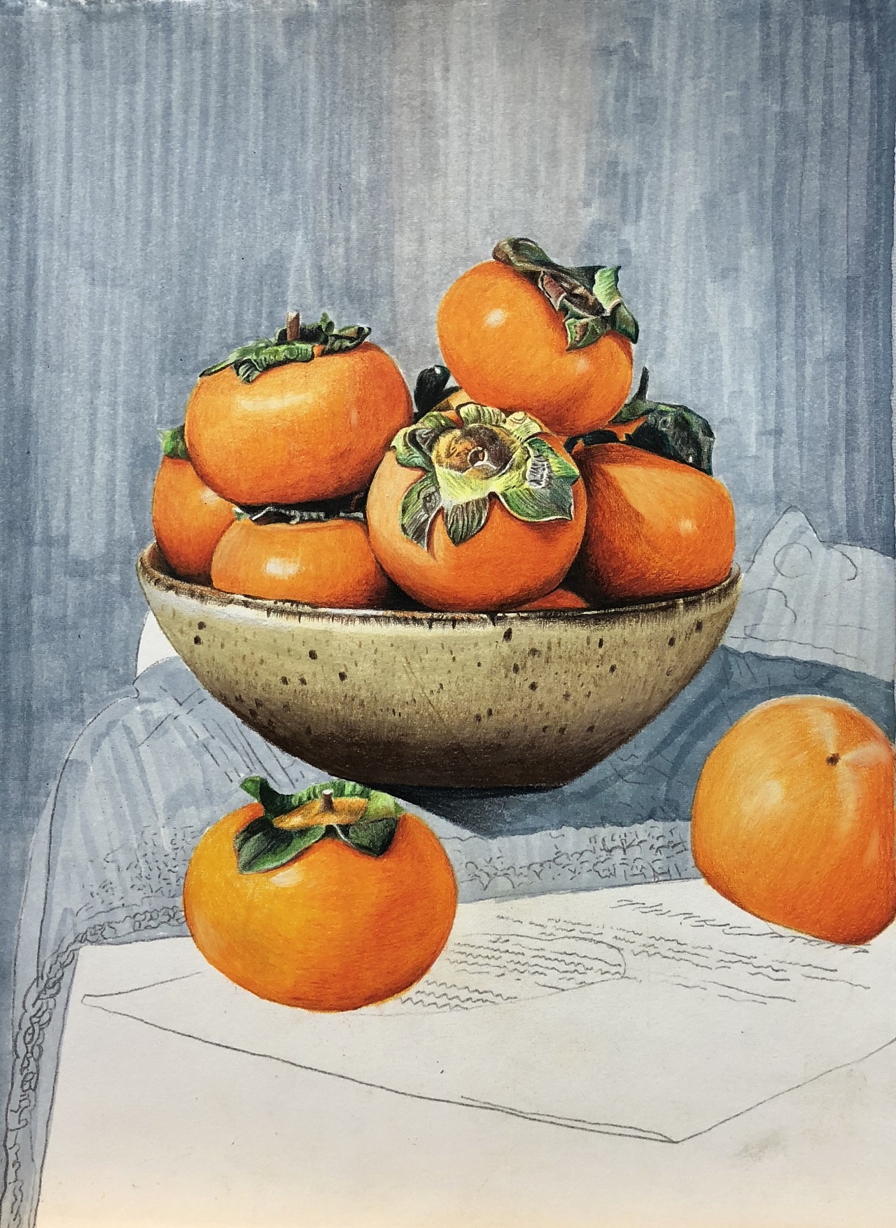 彩铅写实作品《柿61如意》|纯艺术|绘画|叶子彩铅写实 - 原创作品