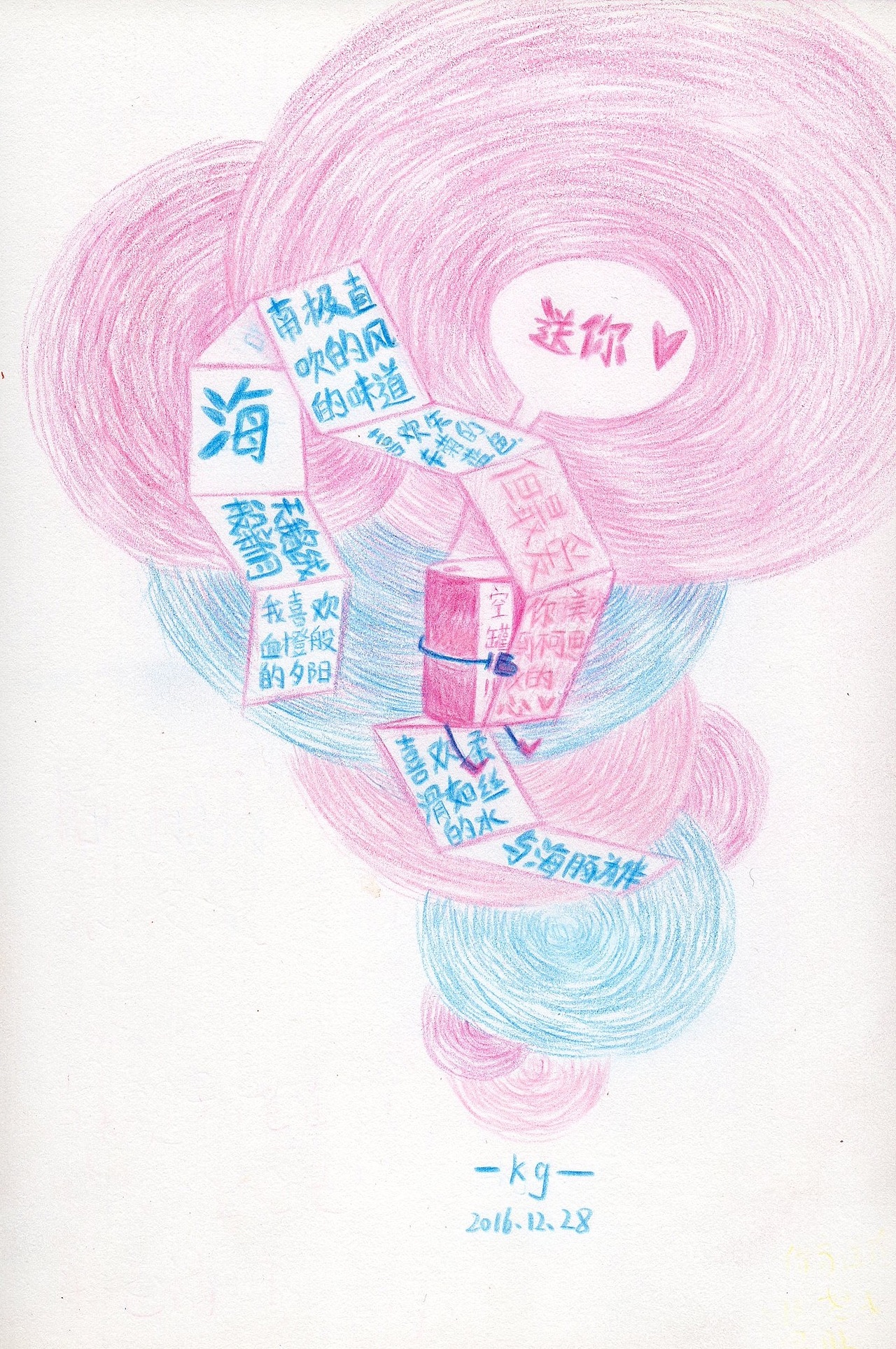 用浅粉的笔,在粉红卡纸上记录,粉色心事。
灵感来自,一个可爱的小朋友用橙色水笔在橙色卡纸上,问你家在哪儿的调皮小心思。