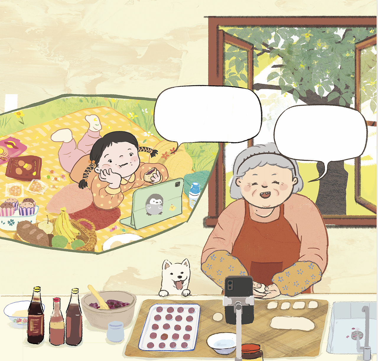 《我和奶奶视个频》（图ZMzAzNDQwMjY0） - 儿童插画 - 站酷设计师冯凝原创素材 - 站酷ZCOOL