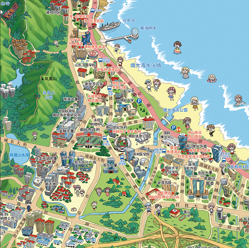 手绘建筑,旅游导览图,手绘城市,烟台,城市风貌图,烟台手绘地图,旅游