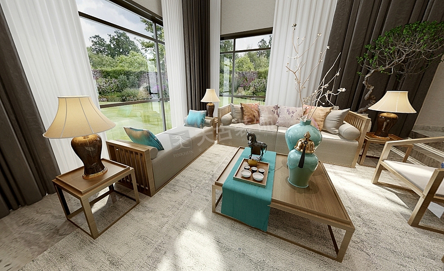 鲁能领秀城装修|420㎡联排别墅设计|新中式风格效果图