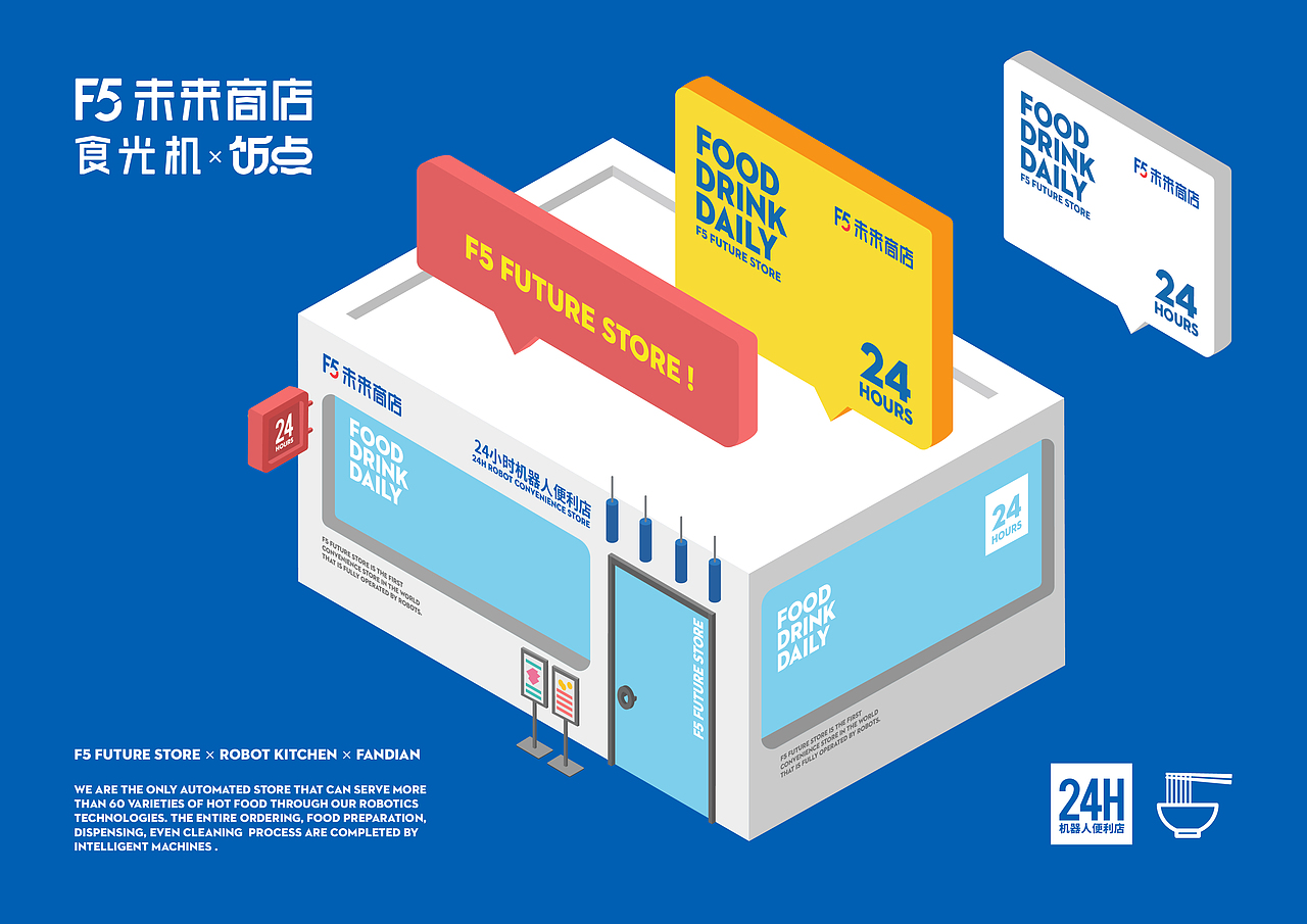 未来商店店铺与机器的2.5d插画