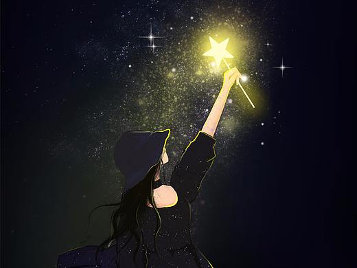 儿童插画复古少女星空夜晚