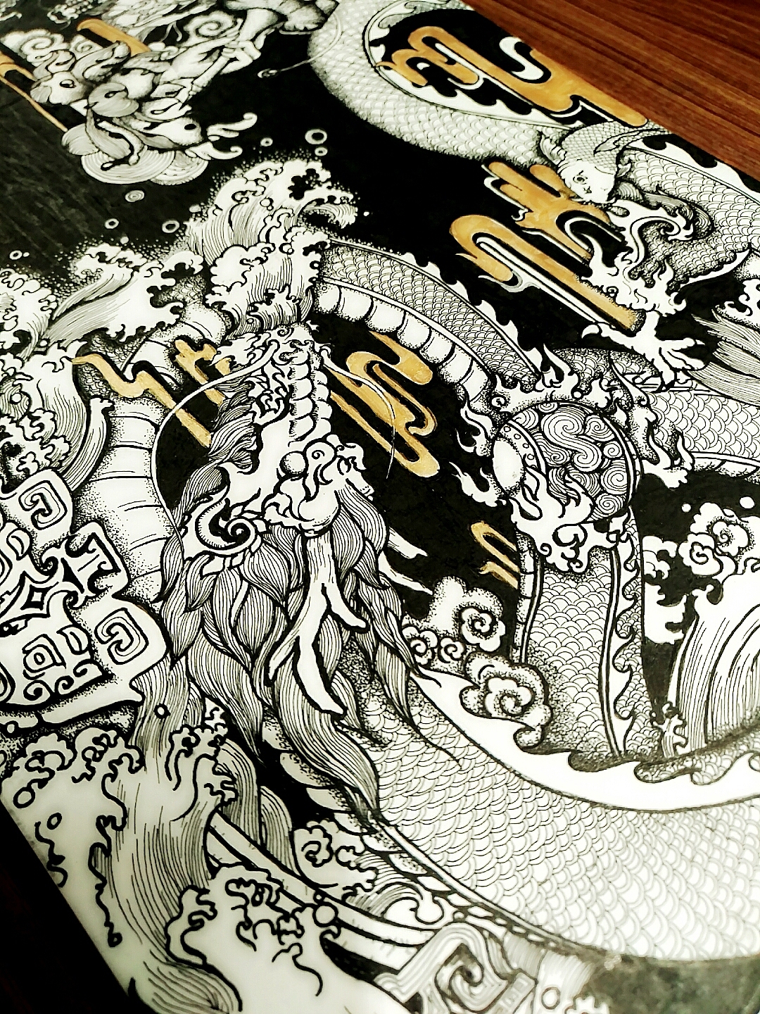 中国风系列长卷_手绘_黑白_纹身_插画