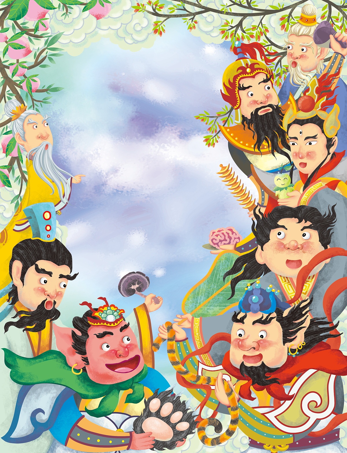 儿童文学门神哼哈二将无线扁平化卡通矢量儿童插画