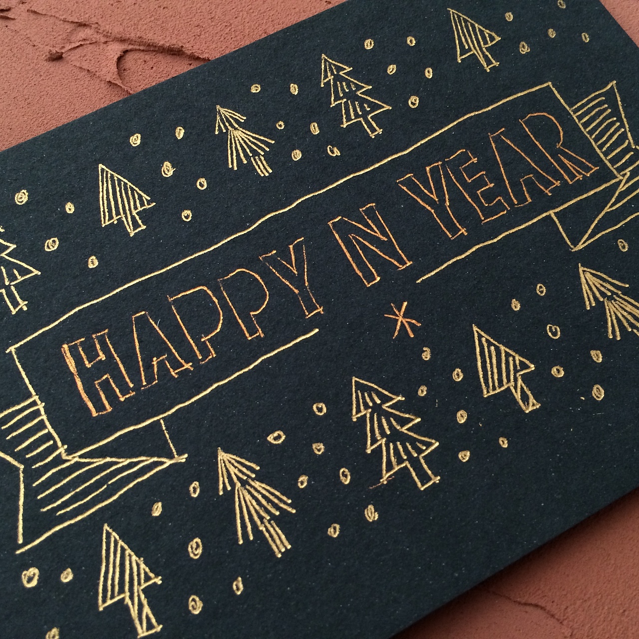 圆珠笔x金箔x黑卡x手绘新年贺卡