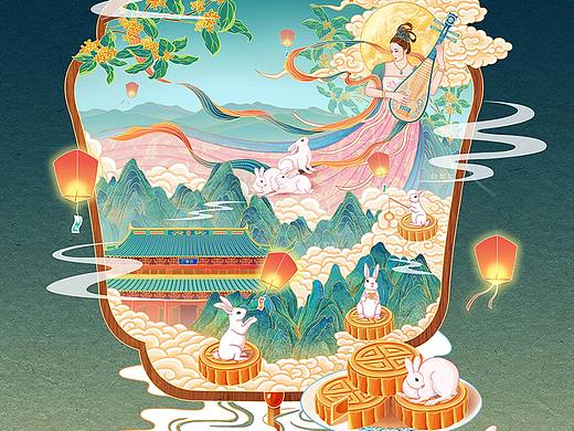 嫦娥献月-中秋礼盒包装国潮插画