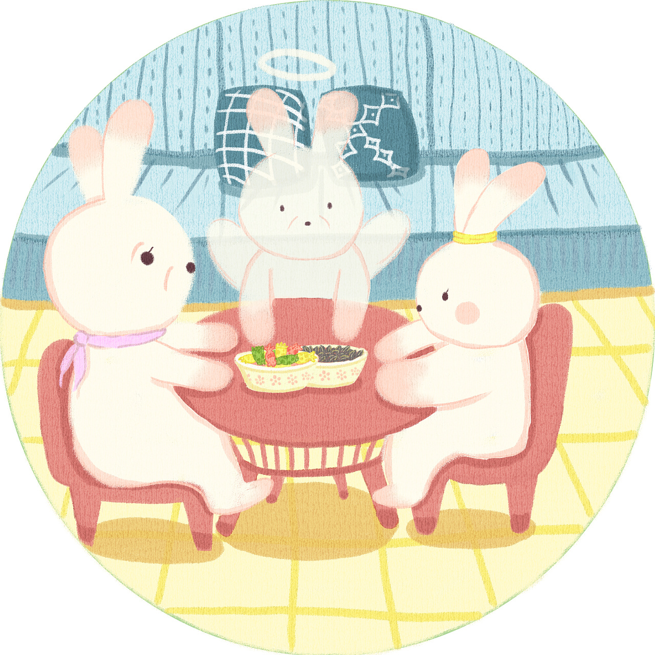 吃过饭,小兔子一家一起看看春晚聊聊天.