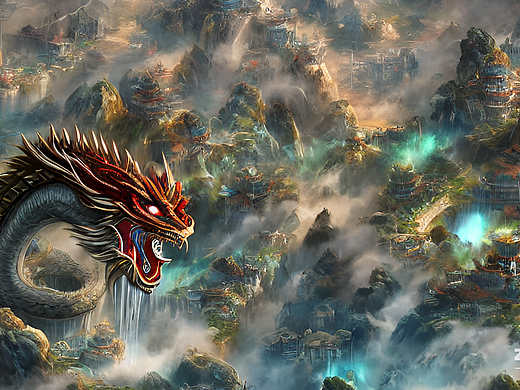 #AI创作实验室#中国龙，云彩，乌托邦城市，战士