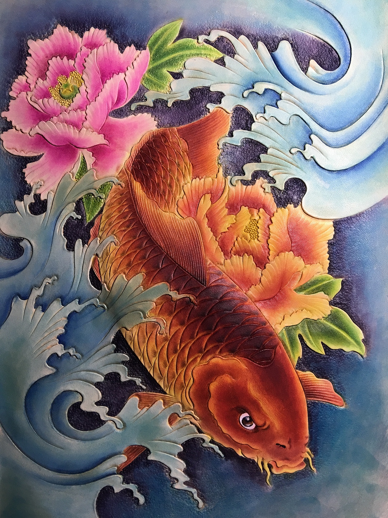 皮雕画—-锦鲤牡丹（图ZMTQxMjE4MDQw） - 工艺品设计 - 站酷设计师斑寅原创素材 - 站酷ZCOOL