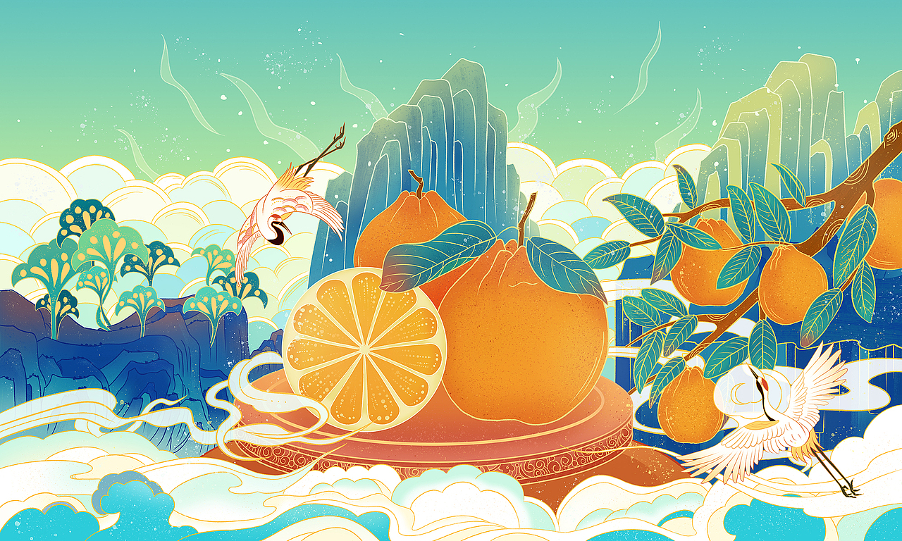 百鸟朝凤&耙耙柑  包装插画